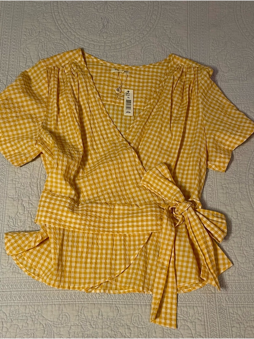 Golden Yellow Gingham Wrap Top with Tie